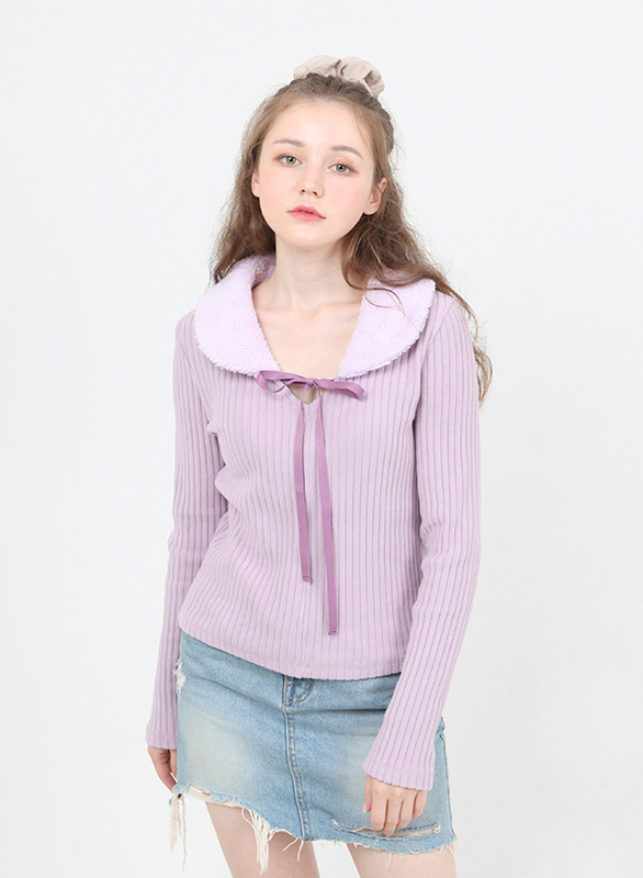 fur collar knit t-shirt purple